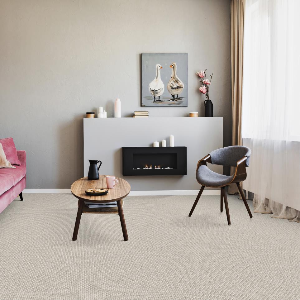 Beige carpet by Hearth and Home featuring contemporary in-built gas fireplace and simple decor