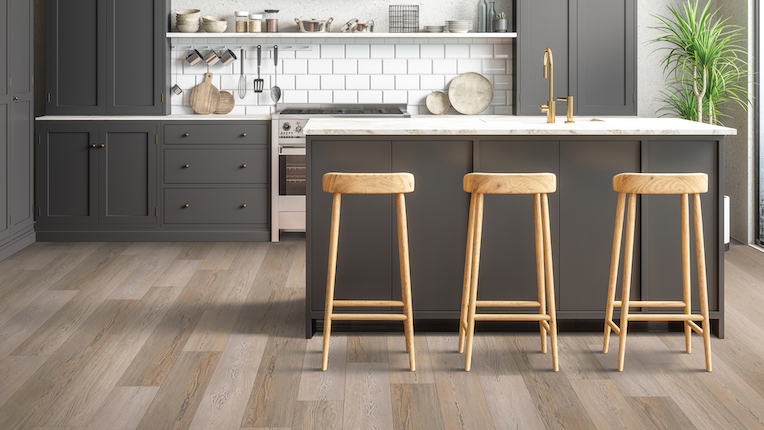 rustic wide planked luxury vinyl flooring in a kitchen