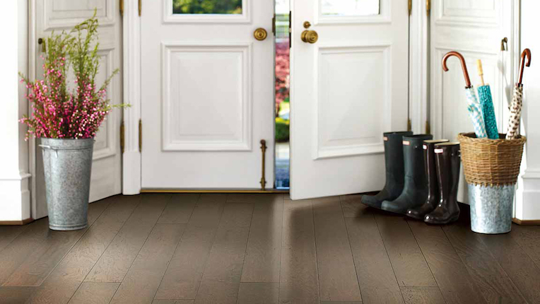 timeless dark stained lvp flooring in a classy entryway