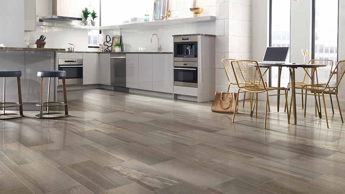 wood-look tile flooring in a modern kitchen