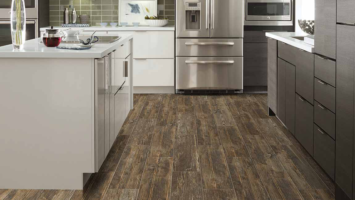 dark wood-look tile in a modern kitchen